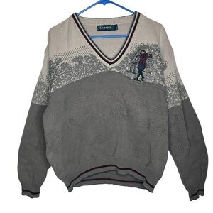 Vintage Caramel Gray and Cream Golf V-Neck Sweater with Textured Design